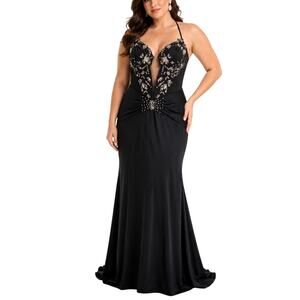 Jovani D5046 Black Evening Gown Beaded Satin Long Formal Mermaid Dress Size 12